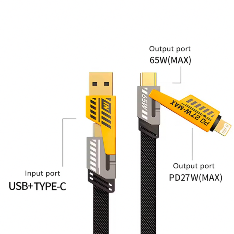 Câble 4 En 1 USB-C / USB-A / Lightning – Charge Super Rapide 65W & 27W, Plat Et Durable