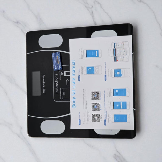 Pèse-personne numérique avec application smartphone, écran LCD, capacité de 180 kg, arrêt automatique, verre trempé