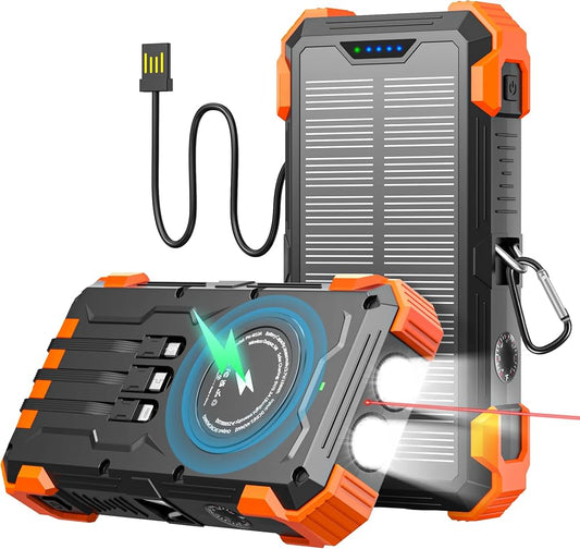 Solar Power Bank 26800mAh, Wireless Power Bank with 6 Outputs 4 Inputs Type C 15W, Solar Charger Built-in Dual Flashlights (SOS/Strobe/Steady), Red Light, Thermometer for Outdoors