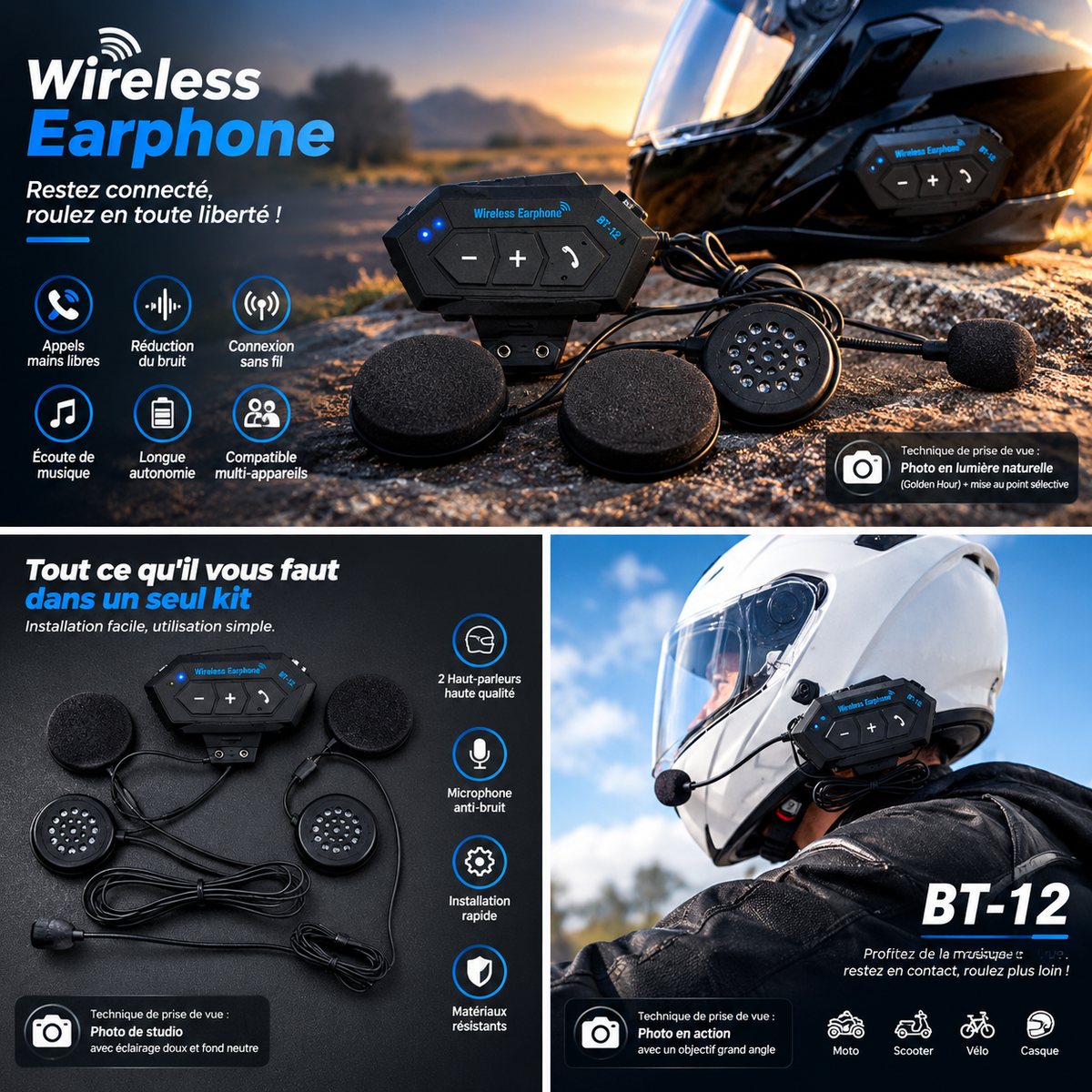 Profitez de vos trajets en toute liberté avec le BT12 Bluetooth, un kit audio sans fil conçu pour les motards, cyclistes et amateurs d'activités en plein air. Compact, pratique et facile à utiliser, il vous permet de passer des appels en mode mains libres tout en profitant de votre musique.🔊 Son clair & réduction du bruitGrâce à sa fonction de réduction du bruit, le BT12 aide à améliorer la clarté du son et des conversations, même dans des environnements animés.📞 Appels mains libresRépondez à vos appels s