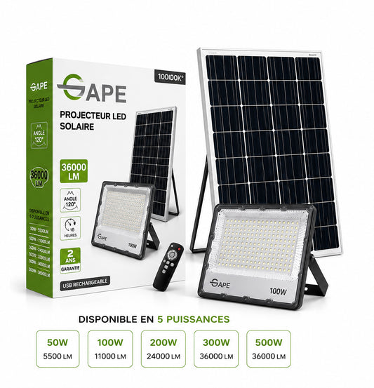 Projecteur LED Extérieur Étanche, Solaire & Batterie – 200w /300w/500w