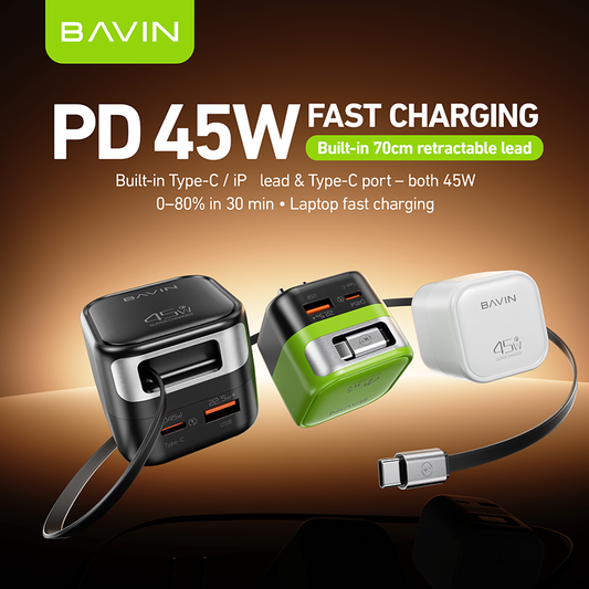 BAVIN PC2077 – Chargeur rapide 45W avec câble rétractable