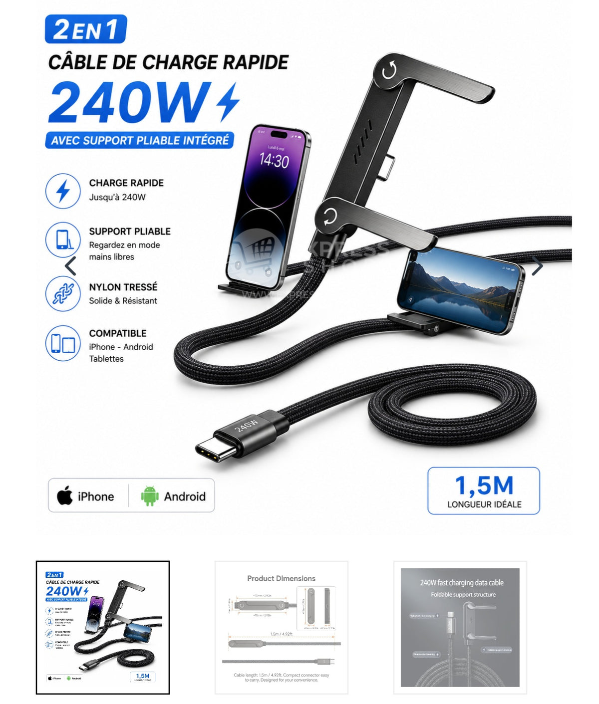 Câble de Charge Rapide 2en1 240W (1,5m) avec Support Pliable Intégré – Cordon Robuste pour Smartphones et Tablettes