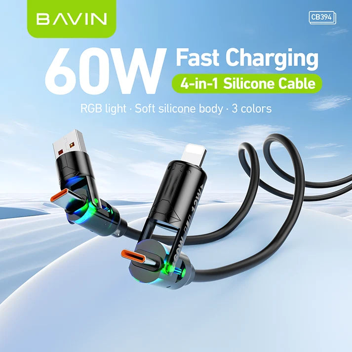 Câble BAVIN CB394 60W 4 en 1 en silicone avec lumière RGB