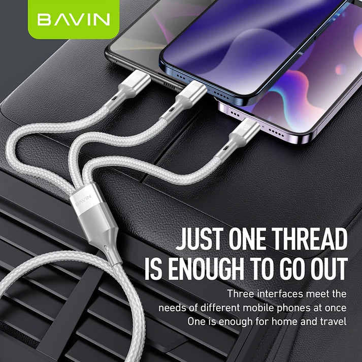 Câble BAVIN CB365 3-en-1 3A – USB-C, Micro USB et iPhone, nylon tressé