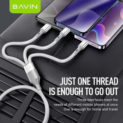 Câble BAVIN CB365 3-en-1 3A – USB-C, Micro USB et iPhone, nylon tressé