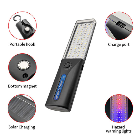 Lampe de Travail LED Rechargeable Éclairage Ultra-Puissant avec Panneau Solaire Intégré – مصباح عمل قابل للشحن