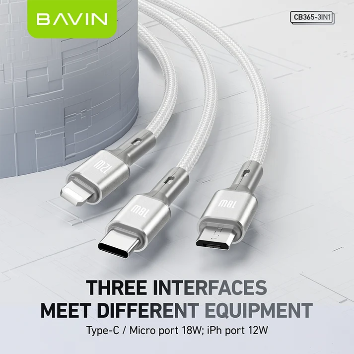 Câble BAVIN CB365 3-en-1 3A – USB-C, Micro USB et iPhone, nylon tressé