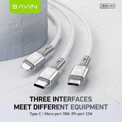 Câble BAVIN CB365 3-en-1 3A – USB-C, Micro USB et iPhone, nylon tressé