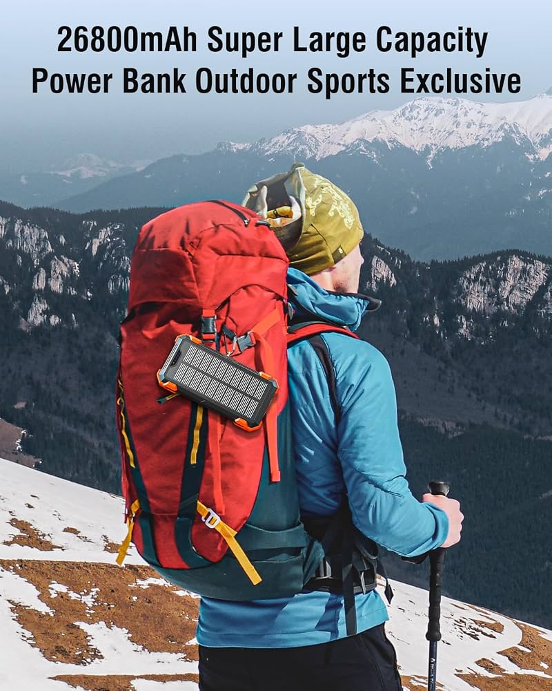 Solar Power Bank 26800mAh, Wireless Power Bank with 6 Outputs 4 Inputs Type C 15W, Solar Charger Built-in Dual Flashlights (SOS/Strobe/Steady), Red Light, Thermometer for Outdoors