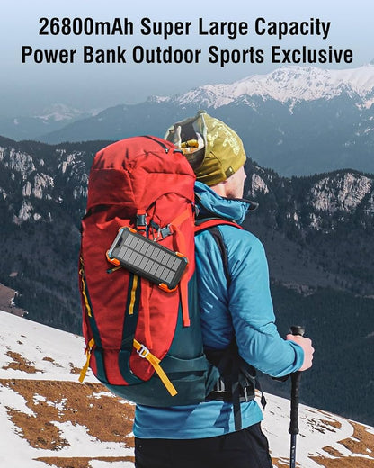 Solar Power Bank 26800mAh, Wireless Power Bank with 6 Outputs 4 Inputs Type C 15W, Solar Charger Built-in Dual Flashlights (SOS/Strobe/Steady), Red Light, Thermometer for Outdoors