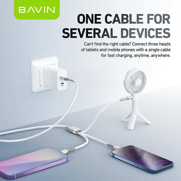 Câble BAVIN CB365 3-en-1 3A – USB-C, Micro USB et iPhone, nylon tressé