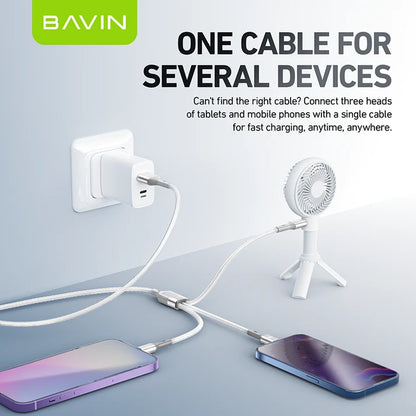 Câble BAVIN CB365 3-en-1 3A – USB-C, Micro USB et iPhone, nylon tressé