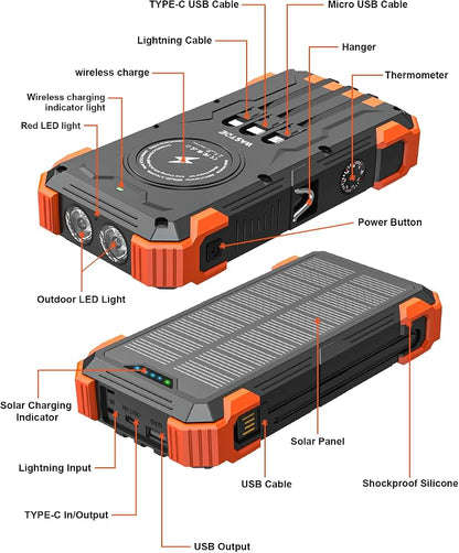Solar Power Bank 26800mAh, Wireless Power Bank with 6 Outputs 4 Inputs Type C 15W, Solar Charger Built-in Dual Flashlights (SOS/Strobe/Steady), Red Light, Thermometer for Outdoors
