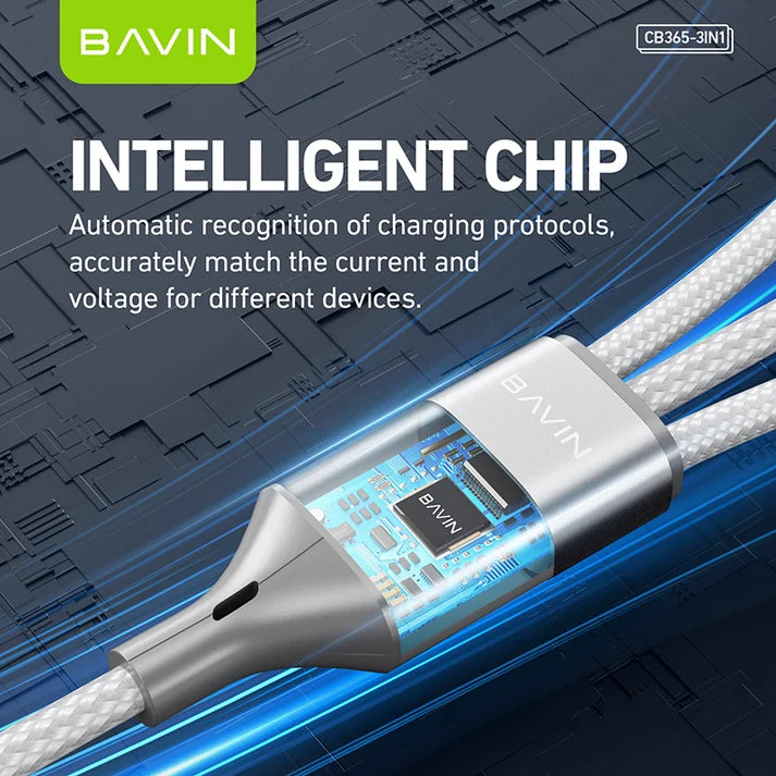 Câble BAVIN CB365 3-en-1 3A – USB-C, Micro USB et iPhone, nylon tressé