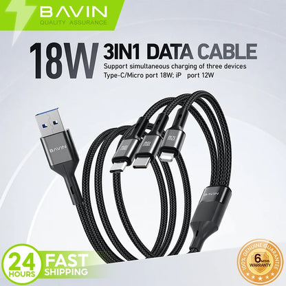 Câble BAVIN CB365 3-en-1 3A – USB-C, Micro USB et iPhone, nylon tressé