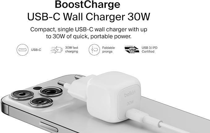 Chargeur secteur Belkin BoostCharge 30W USB-C Power Delivery – Blanc