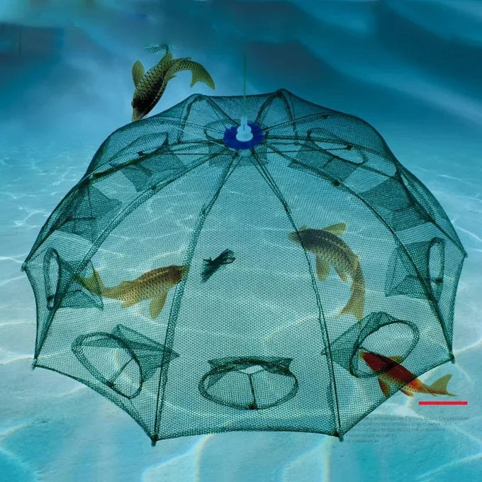 Épuisette de pêche automatique pliable et portable – 8 trous renforcés | Piège à crevettes, moules, crabes et baleines | Cadre en nylon résistant