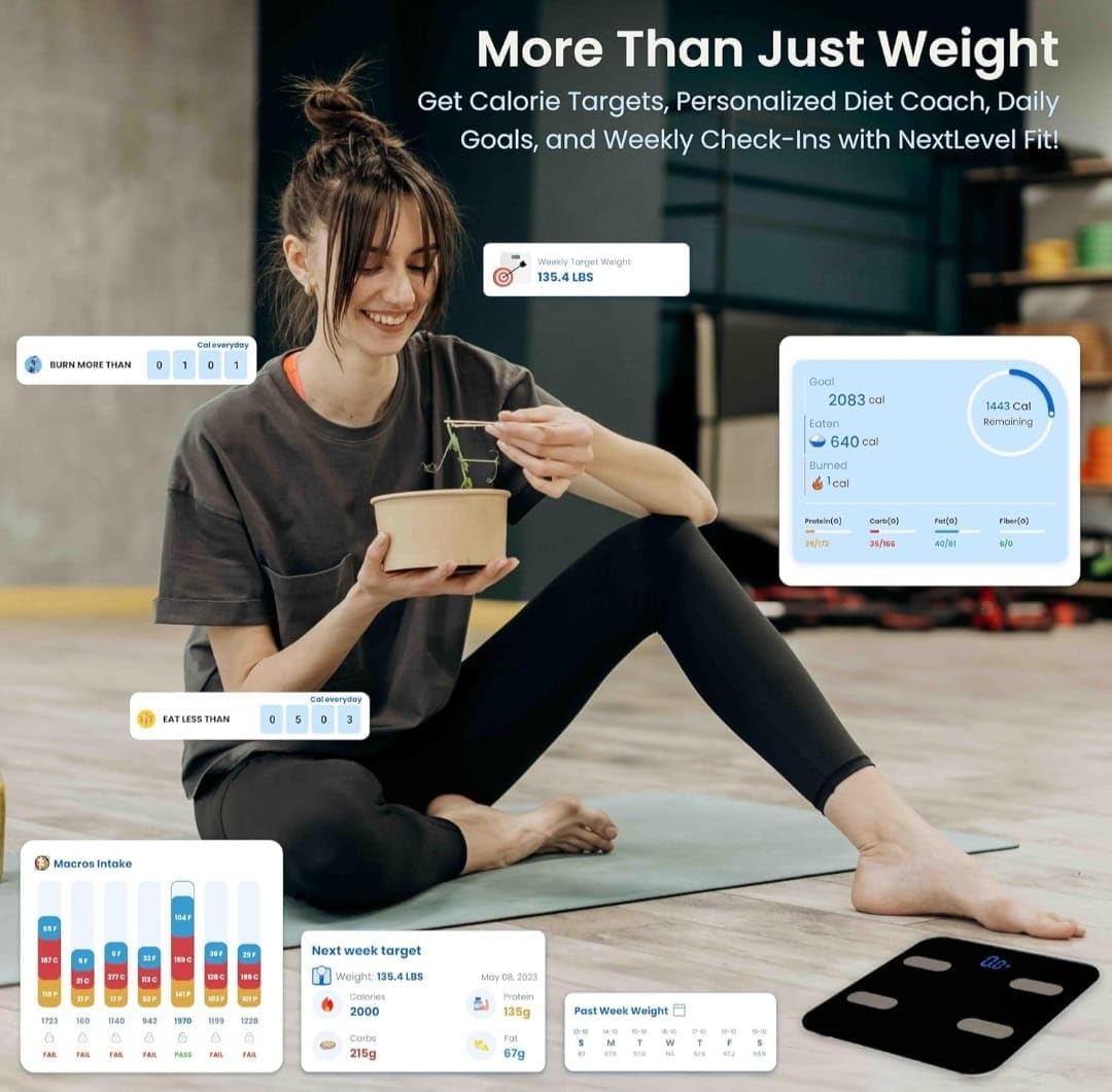 Pèse-personne numérique avec application smartphone, écran LCD, capacité de 180 kg, arrêt automatique, verre trempé