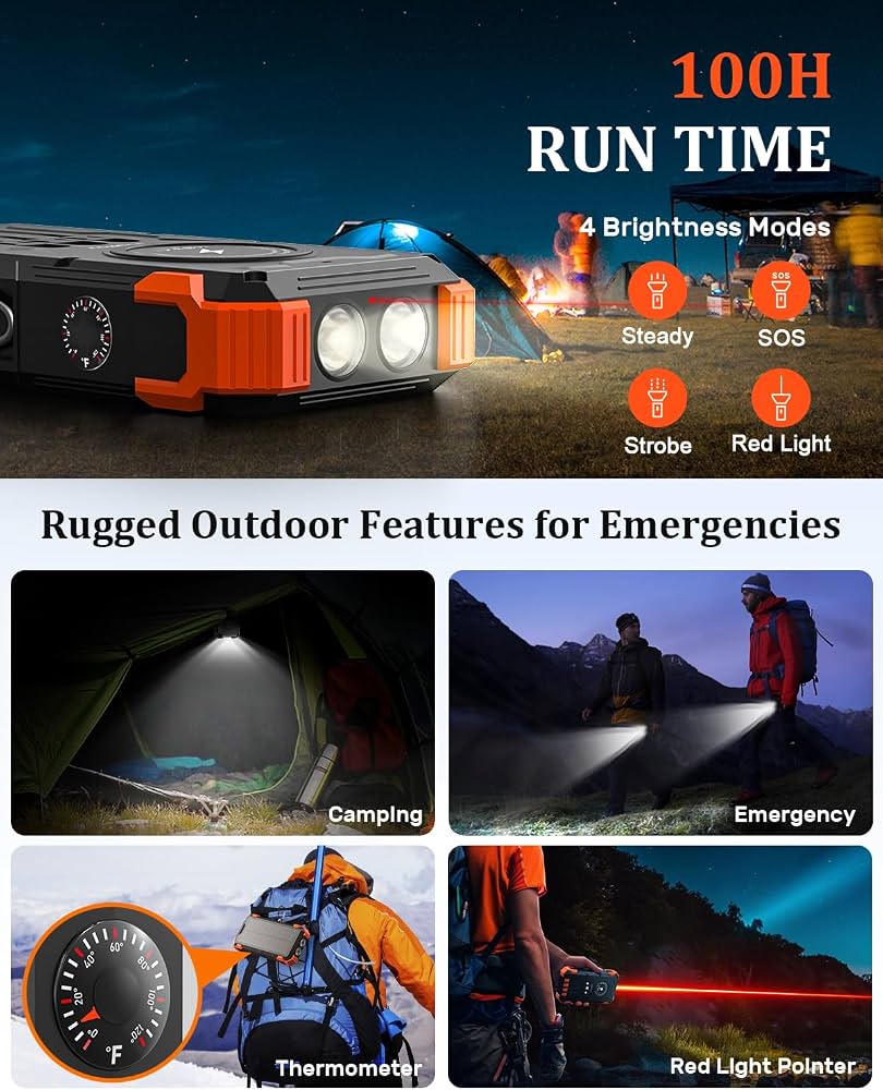 Solar Power Bank 26800mAh, Wireless Power Bank with 6 Outputs 4 Inputs Type C 15W, Solar Charger Built-in Dual Flashlights (SOS/Strobe/Steady), Red Light, Thermometer for Outdoors