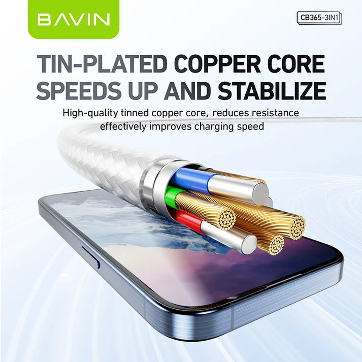Câble BAVIN CB365 3-en-1 3A – USB-C, Micro USB et iPhone, nylon tressé
