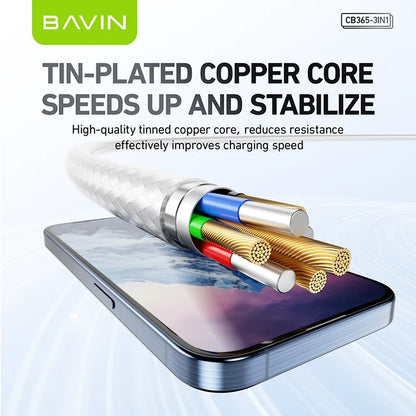Câble BAVIN CB365 3-en-1 3A – USB-C, Micro USB et iPhone, nylon tressé