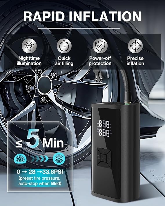 Compresseur à Air Portable LYTOOL 150 PSI 12V – Gonfleur de Pneus avec Lumière LED pour Voiture, Moto et Vélo