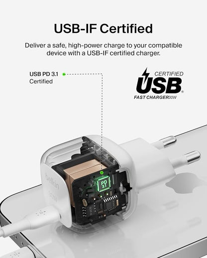 Chargeur secteur Belkin BoostCharge 30W USB-C Power Delivery – Blanc