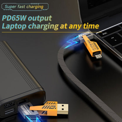 Câble 4 En 1 USB-C / USB-A / Lightning – Charge Super Rapide 65W & 27W, Plat Et Durable