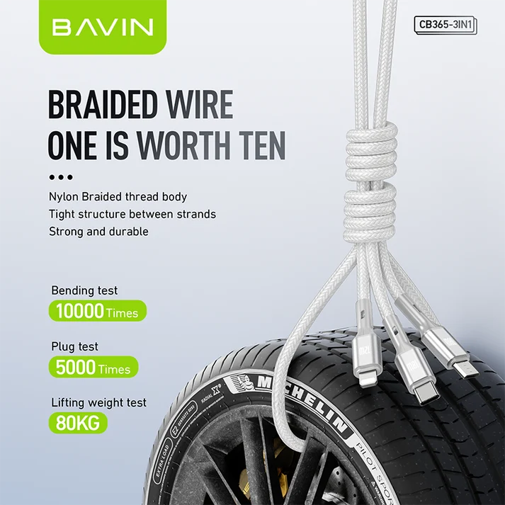 Câble BAVIN CB365 3-en-1 3A – USB-C, Micro USB et iPhone, nylon tressé
