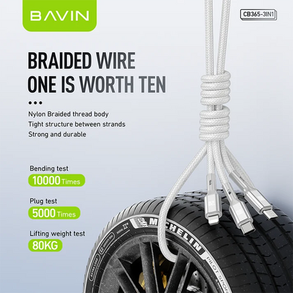Câble BAVIN CB365 3-en-1 3A – USB-C, Micro USB et iPhone, nylon tressé