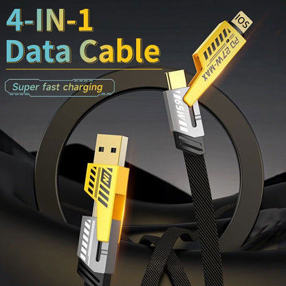 Câble 4 En 1 USB-C / USB-A / Lightning – Charge Super Rapide 65W & 27W, Plat Et Durable