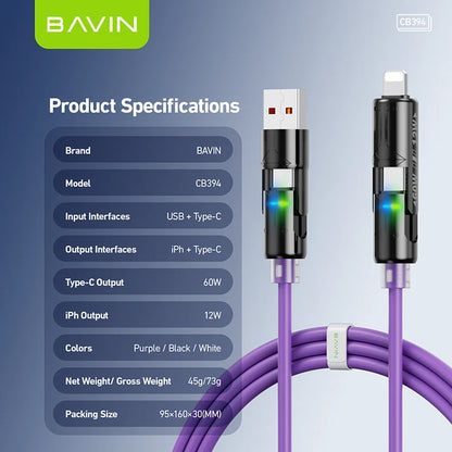 Câble BAVIN CB394 60W 4 en 1 en silicone avec lumière RGB