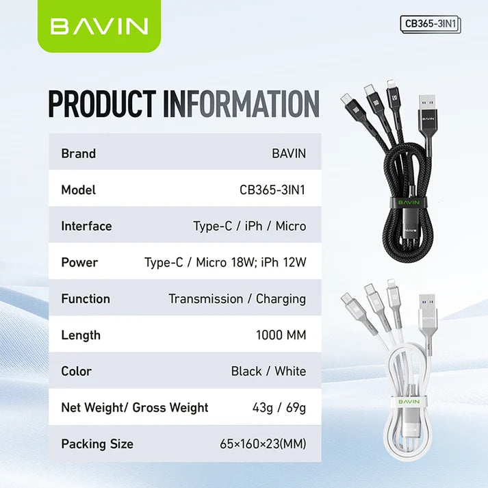 Câble BAVIN CB365 3-en-1 3A – USB-C, Micro USB et iPhone, nylon tressé