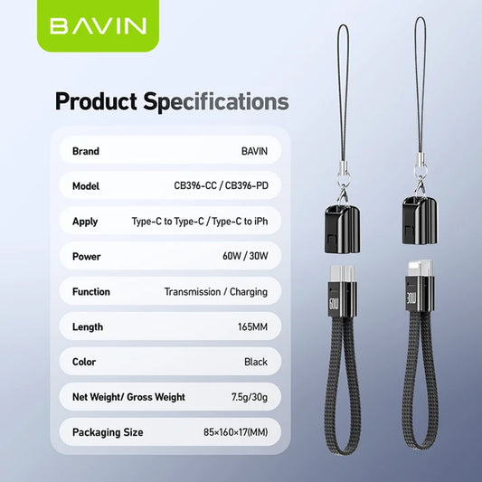 Câble BAVIN CB396 60W PD – USB-C vers USB-C ou iPhone, tressé