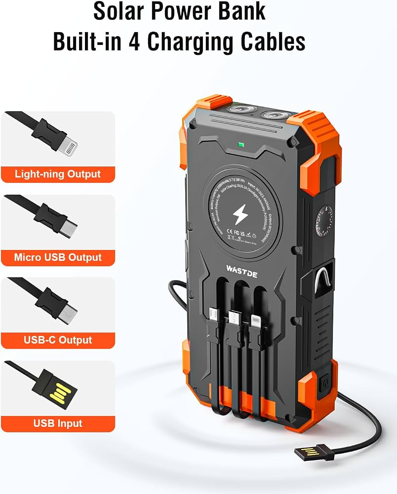 Solar Power Bank 26800mAh, Wireless Power Bank with 6 Outputs 4 Inputs Type C 15W, Solar Charger Built-in Dual Flashlights (SOS/Strobe/Steady), Red Light, Thermometer for Outdoors