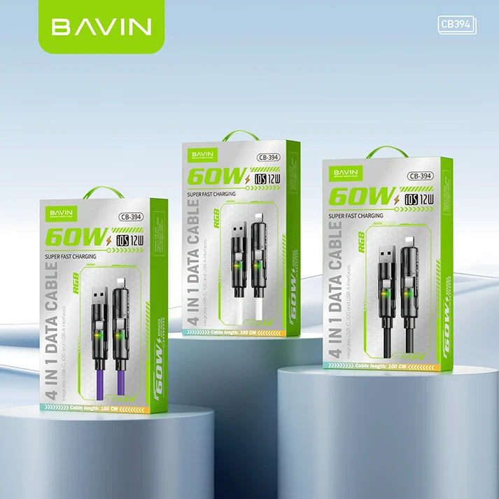Câble BAVIN CB394 60W 4 en 1 en silicone avec lumière RGB