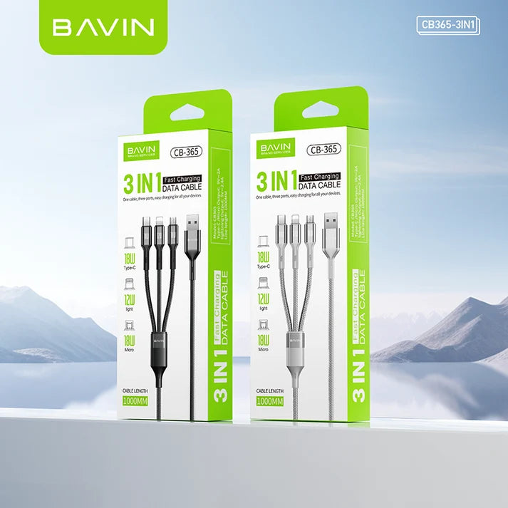 Câble BAVIN CB365 3-en-1 3A – USB-C, Micro USB et iPhone, nylon tressé