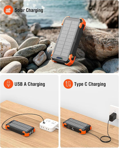 Solar Power Bank 26800mAh, Wireless Power Bank with 6 Outputs 4 Inputs Type C 15W, Solar Charger Built-in Dual Flashlights (SOS/Strobe/Steady), Red Light, Thermometer for Outdoors