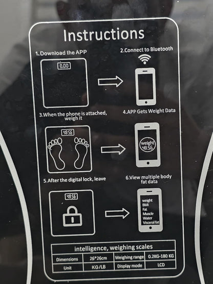 Pèse-personne numérique avec application smartphone, écran LCD, capacité de 180 kg, arrêt automatique, verre trempé
