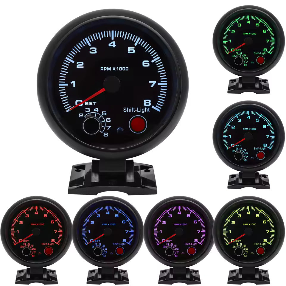Tachymètre voiture 12V 0-8000 RPM – Compteur tours moteur universel 4, 6, 8 cylindres, rétroéclairage LED 7 couleurs, jauge noire style racing