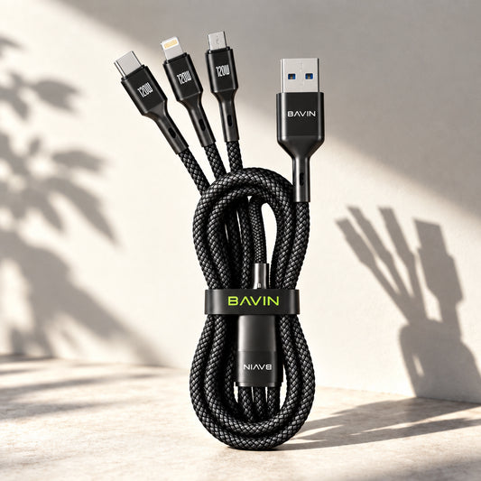 Découvrez le câble BAVIN CB365 3-en-1 avec charge 3A, nylon tressé et compatibilité USB-C, Micro USB et iPhone. Disponible chez AKSTOREPRO.