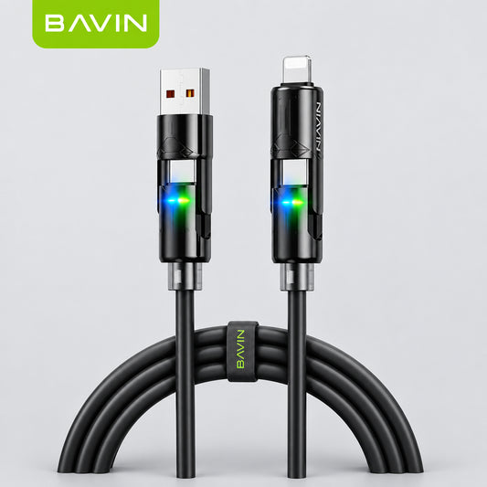 Câble BAVIN CB394 4 en 1 en silicone avec lumière RGB, charge jusqu’à 60 W pour appareils Type-C et iPhone compatibles. Découvrez-le chez AKSTOREPRO.
