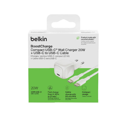 Chargeur BELKIN BoostCharge 20W blanc avec câble USB-C vers USB-C inclus. Une solution compacte pour vos appareils compatibles, sur AKSTOREPRO.