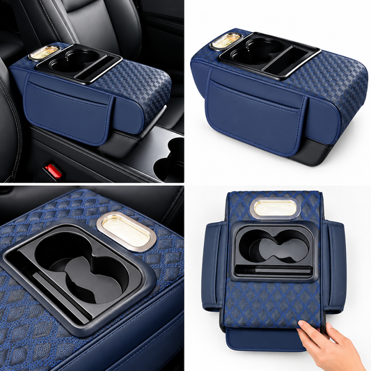 Améliorez le confort de votre voiture avec ce coussin d’accoudoir universel bleu, doté d’un porte-gobelet et d’un rangement pratique. Découvrez-le.