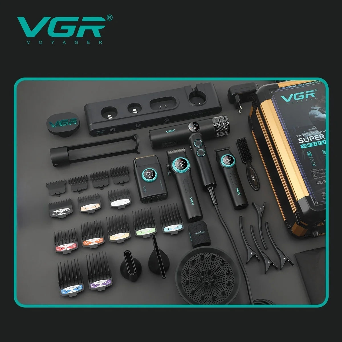 Kit Toilettage VGR 4-en-1 — Tondeuse, Rasoir, Trimmer & Sèche-cheveux