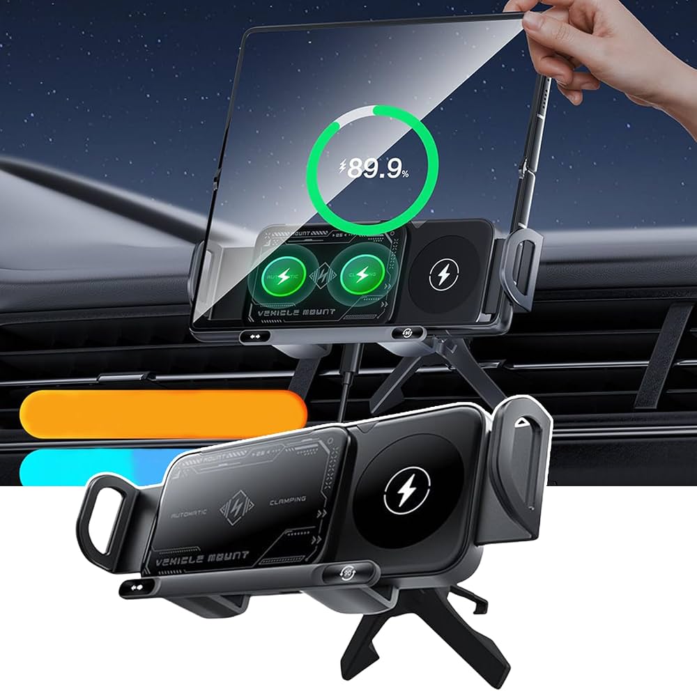Chargeur de voiture sans fil horizontal rotatif écran pliable évent magnétique tableau de bord support de téléphone voiture de charge sans fil