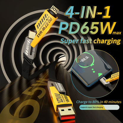 Câble 4 En 1 USB-C / USB-A / Lightning – Charge Super Rapide 65W & 27W, Plat Et Durable