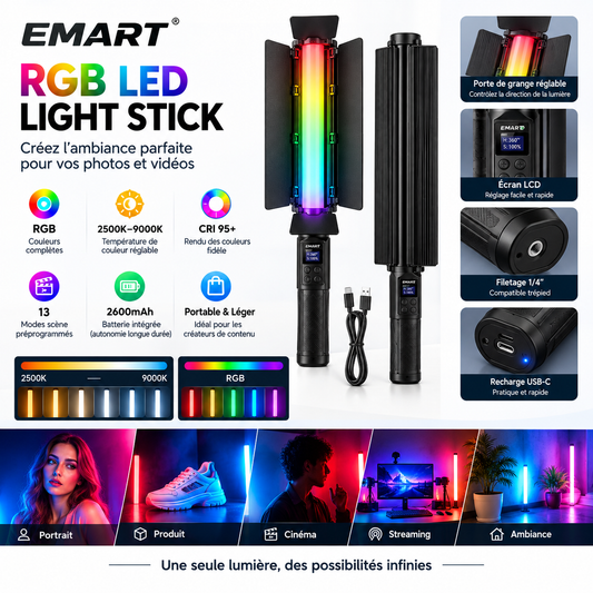 Le tube lumineux EMART 20 pouces est une solution d’éclairage polyvalente pour la photo, la vidéo, les portraits et la création de contenu. Sa température de couleur réglable de 2500 K à 9000 K et son CRI 95+ permettent un rendu naturel et précis des couleurs.Caractéristiques principales Éclairage RGB multicolore pour des effets créatifs Température de couleur réglable de 2500 K à 9000 K CRI 95+ pour une excellente restitution des couleurs 13 modes scène pour varier les ambiances Batterie intégrée de 2600 m