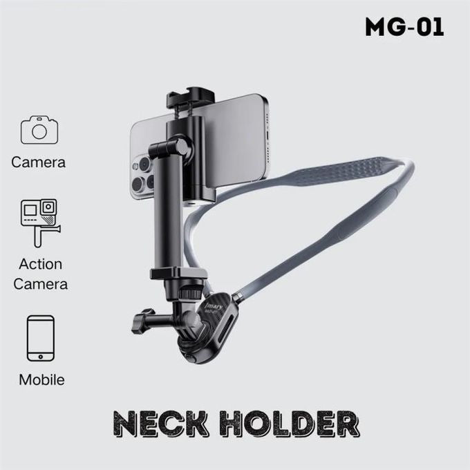 Jamey Support de Cou MG-01 2-en-1 pour Smartphone et Caméra – Tournage POV, Rotation 360°, Pliable et Confortable, Compatible GoPro, Insta360, Caméras d’Action et Smartphones